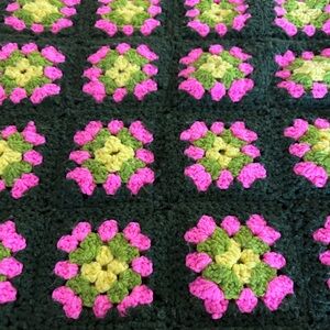 Vintage knitted grannie square blanket green, hot pink & yellow